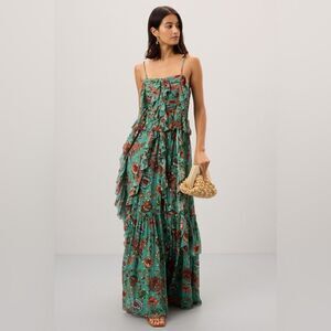 Ulla Johnson Colette Garden Bloom Chiffon Silk floral ruffle green maxi dress 16